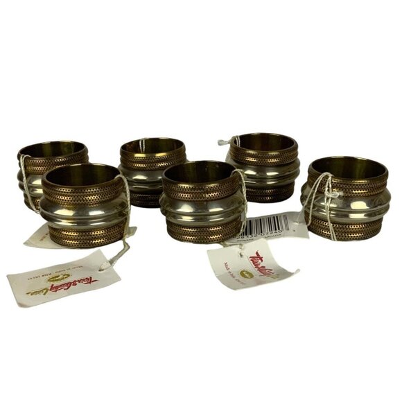 Set Of 6 Town & Country Living Arcadia Brass Two Tone Napkin Rings Gold Silver - Picture 2 of 6